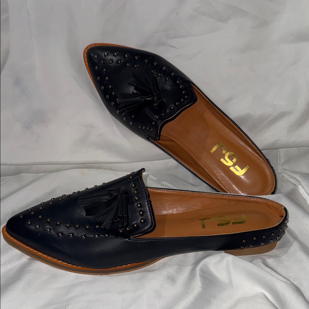 FSJ Black Studded Tassel Loafers